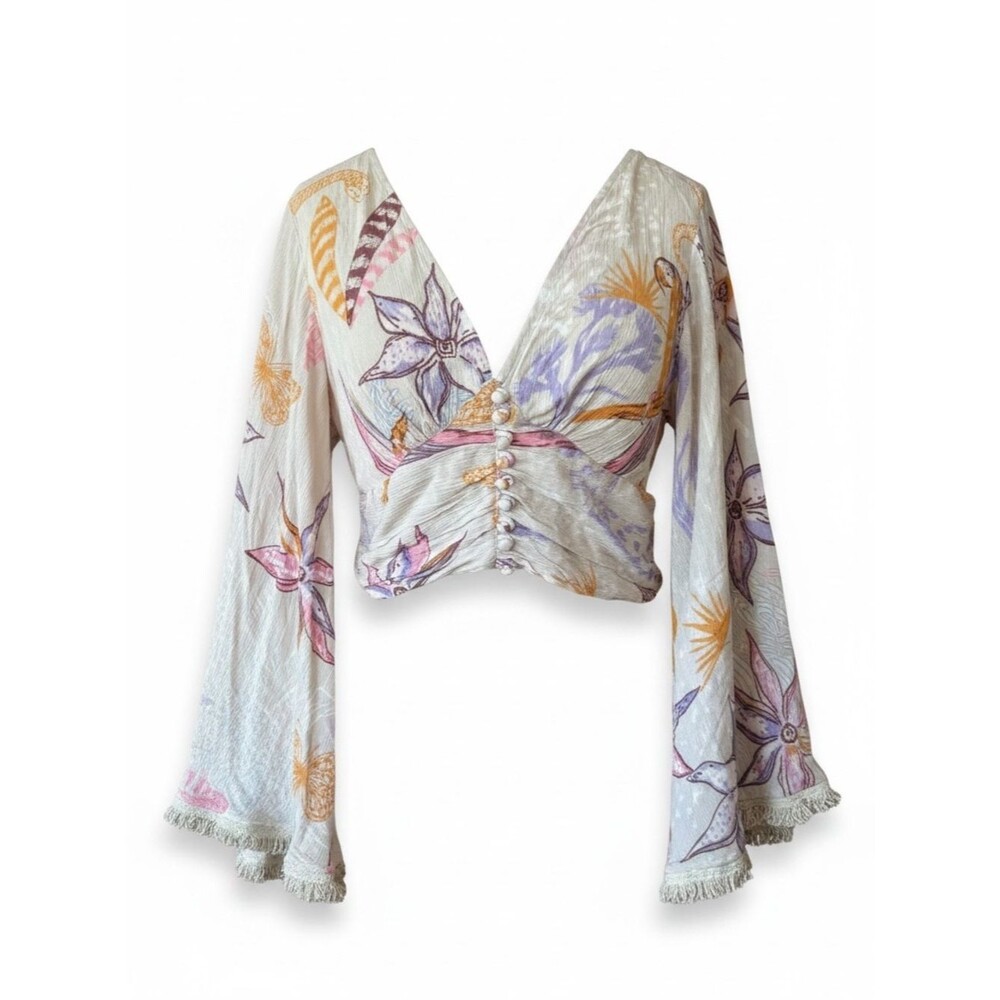 Z&L Floral V-Neck Bell Sleeve Crop Top Amazonia in Cream Sz Medium NWT